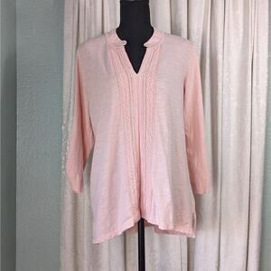 Soft Surroundings Pink Knit Long Sleeve Crochet Embellishment V Neck sz L